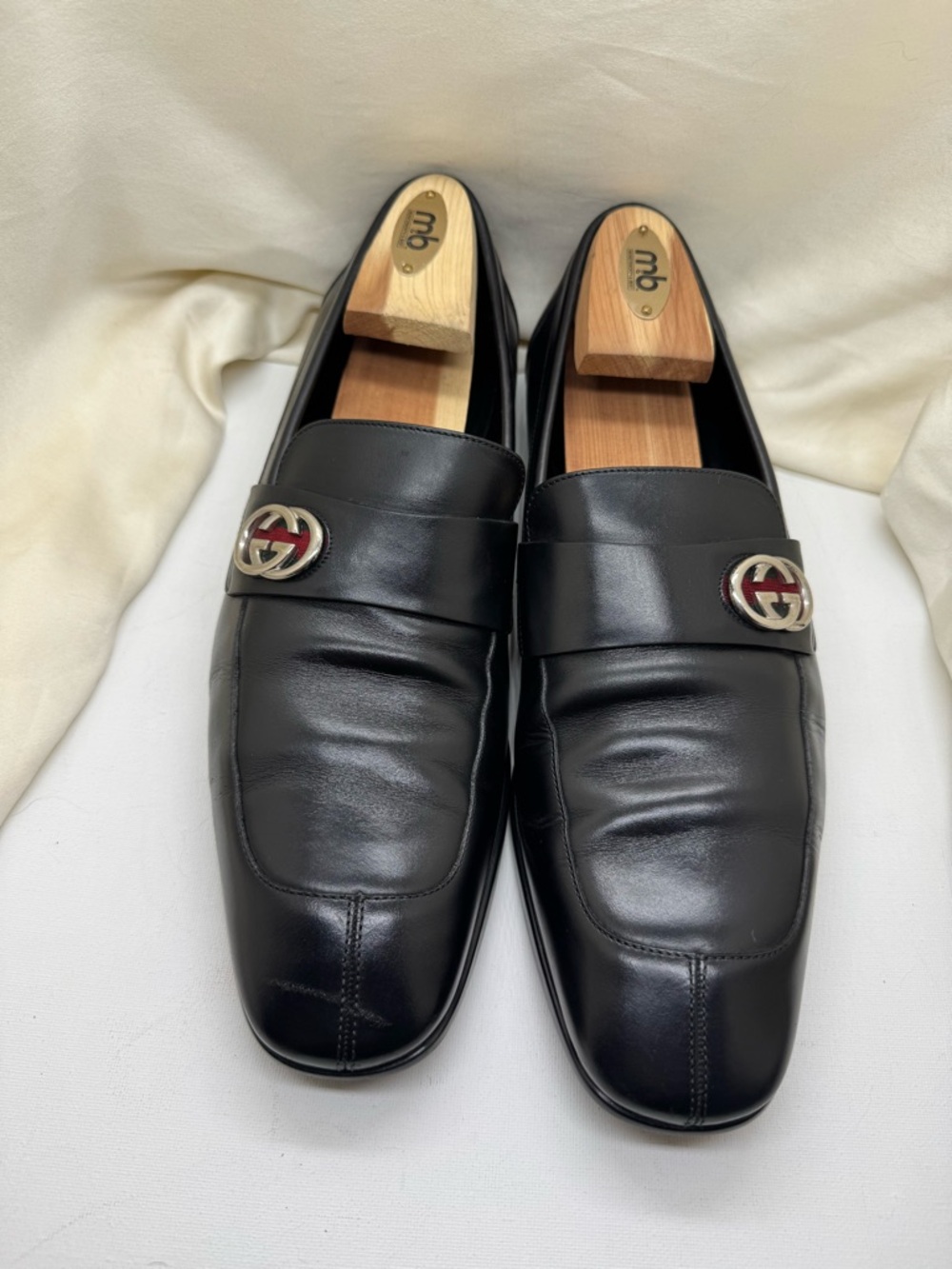 Gucci Black Leather Web Accent Loafers Interlocking G Logo Size 42.5 / US 9.5